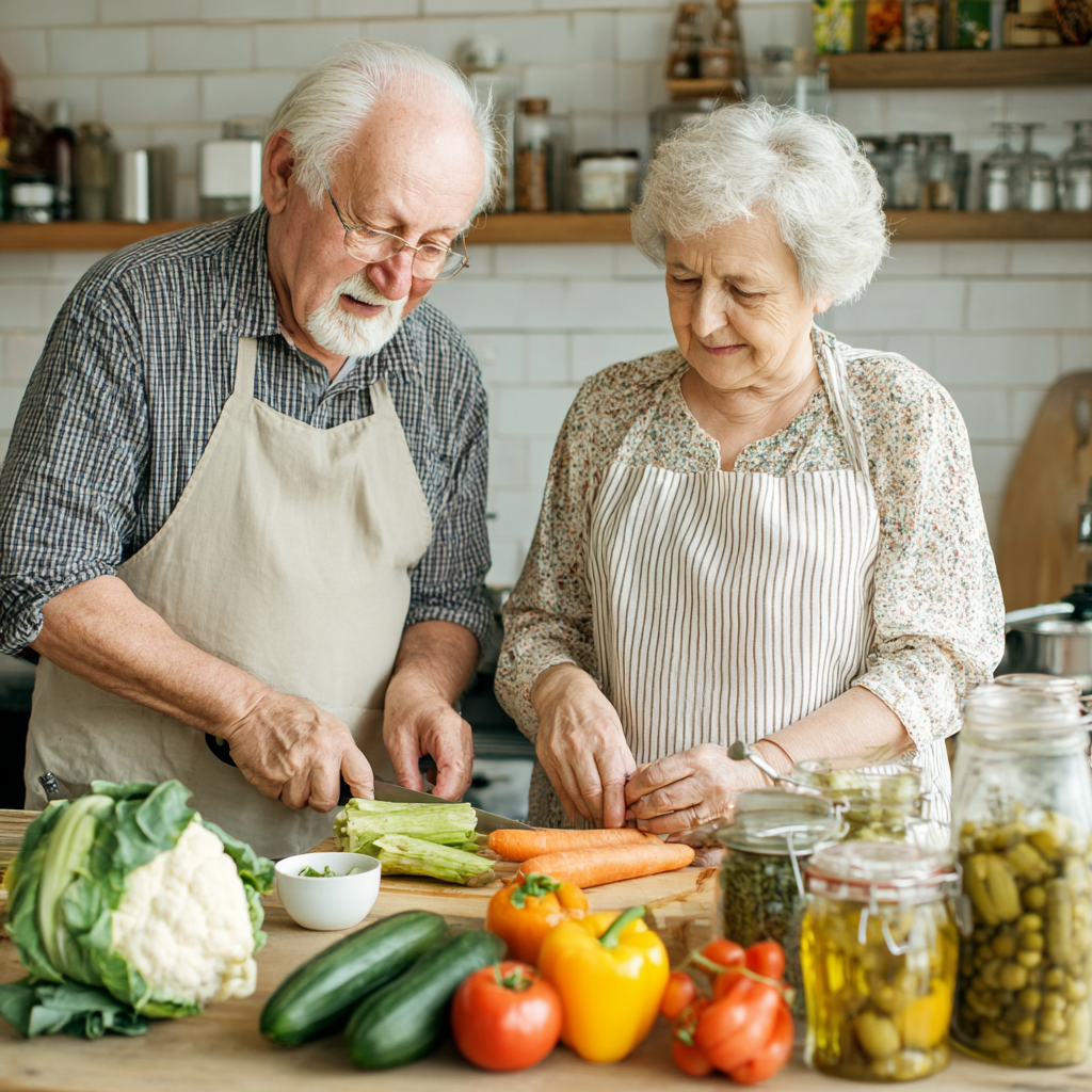 Older adults preparing nutritious meals in a bright kitchen setting